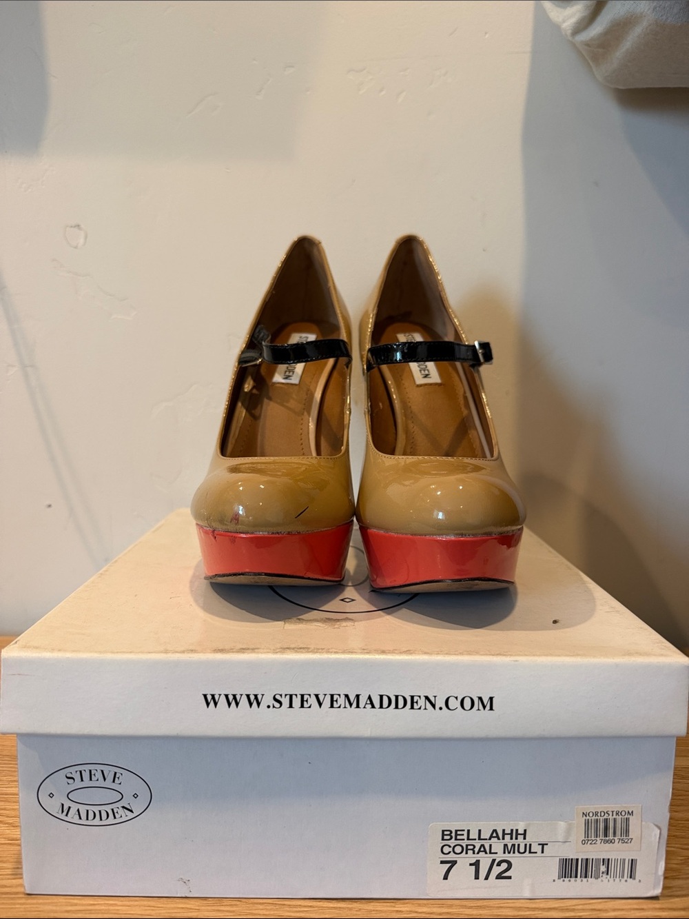 Steve Madden Bellahh Coral & Tan Patent Platform Pumps